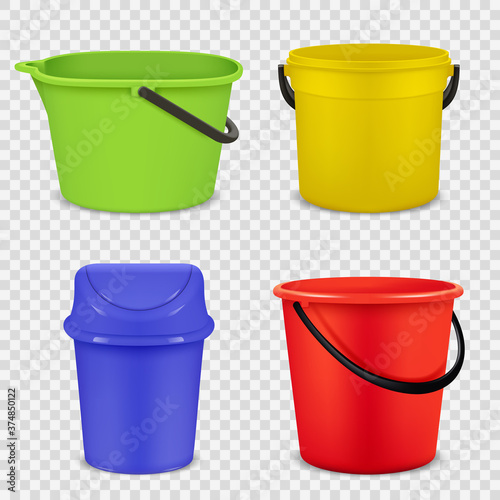Realistic buckets. Metal and plastic material for water or garbage empty buckets vector 3d templates. Container equipment for gardening with handle illustration © ONYXprj