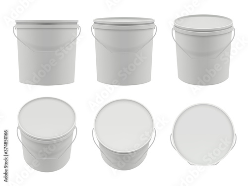 Plastic containers. Empty white buckets mockup vector packages collection. Container with putty, white bucket of set illustration