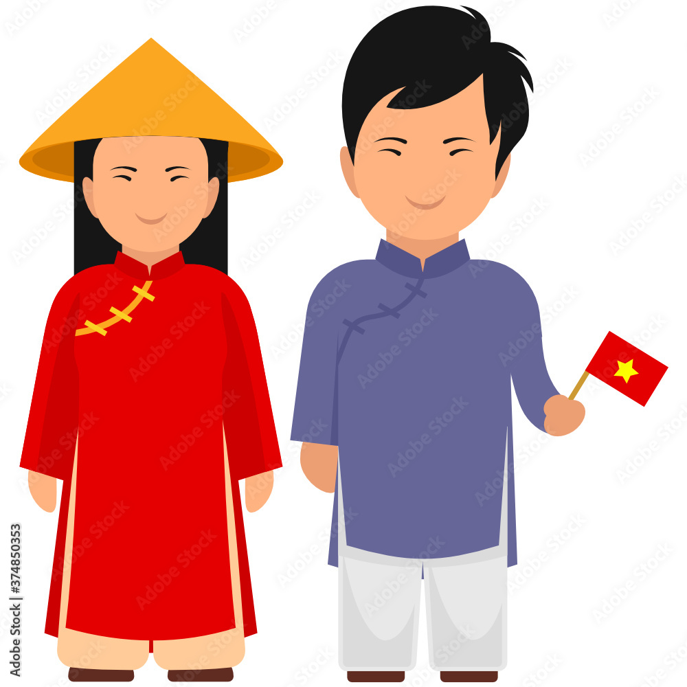 
Veitnamese couple in their national outfit, flat design
