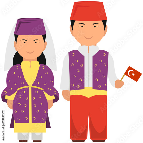 
A cute turkish couple wearing their cultural dress, turkish outfit flat vector

