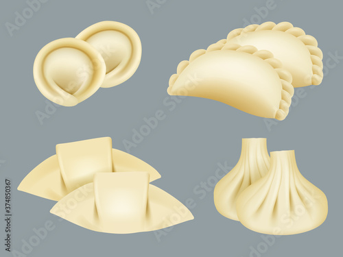Dumplings. Products from dough wontons manti dumplings traditional asian cuisine realistic collection. Dough dumpling for menu restaurant homemade illustration