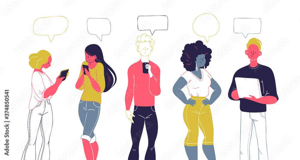 Fototapeta premium Young people standing together looking at smartphones, notepad and tablet reading news, chatting, discussing, surfing through internet, learning. Vector trendy flat hand drawn illustration.