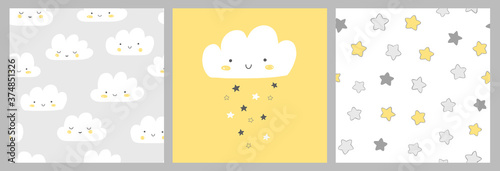 Set of 3 baby cards in gray and yellow. Cute smiling cloud, stars and cloud pattern. Scandinavian nursery art for boys. Gender neutral card design for baby shower.