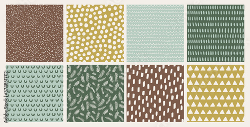 Set of hand drawn vector abstract doodle patterns winter, earthy tones. Seamless doodle backgrounds with  dots, branches, brush strokes, triangles. © mgdrachal