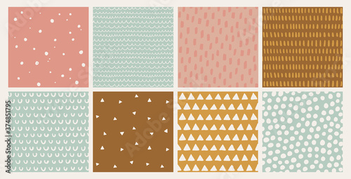 Hand drawn vector abstract doodle patterns in pink, mustard, brown. Seamless geometric backgrounds. Ink doodles. Stripes, dots, triangles, brush strokes. 