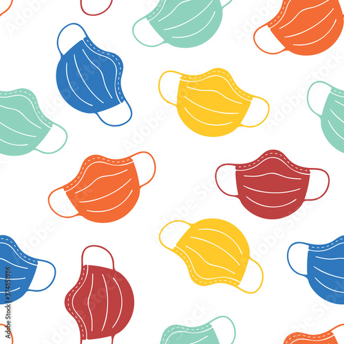 Face masks seamless vector background. Coronavirus pandemic related design. Repeating pattern with colorful protective face masks. Medical supplies illustration for fabric, wallpaper, scrubs, kids