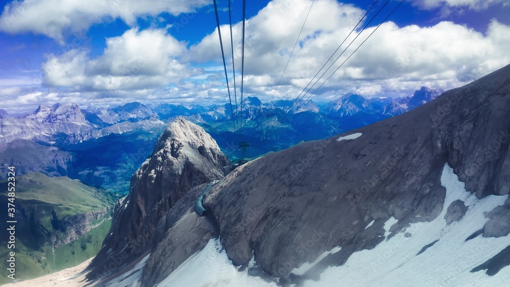 Slow motion of Marmolada Cable Car view in summer season, italian alps
