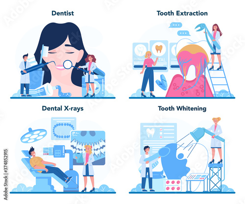 Dentist profession set. Dentists in uniform treat tooth using
