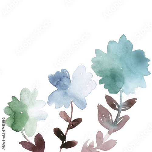Fototapeta Naklejka Na Ścianę i Meble -  Abstract watercolor flowers in green, blue and turquoise. Hand-painted floral card printable.