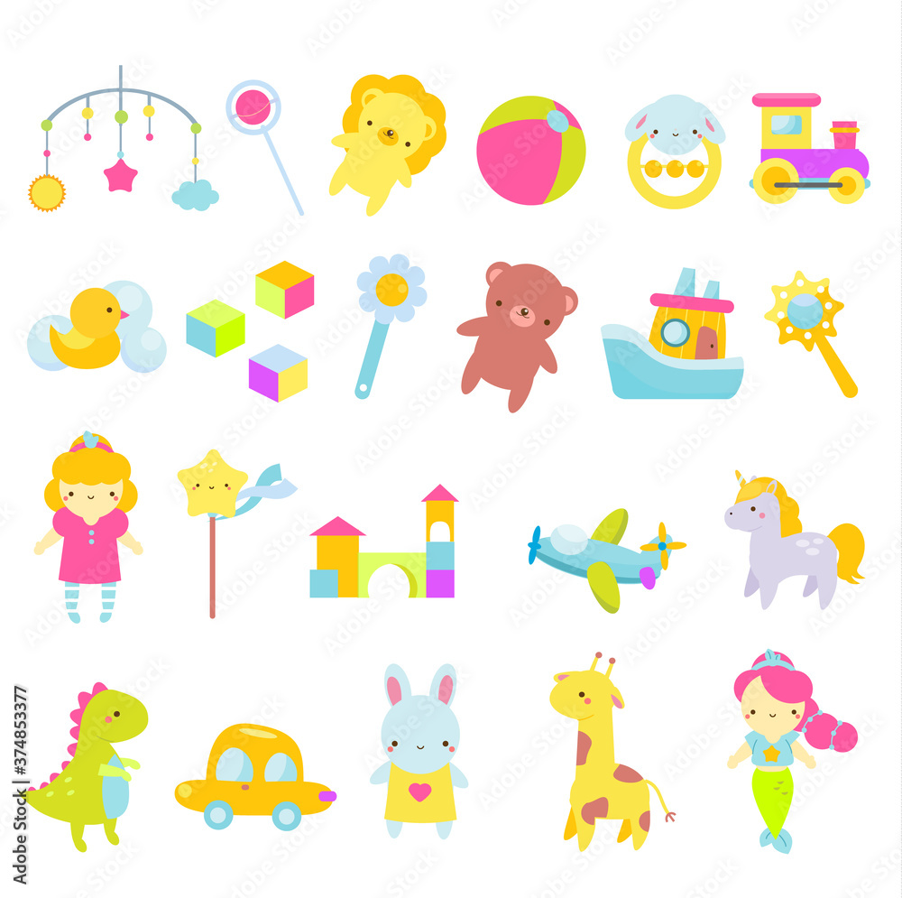 Fototapeta premium Big set of kids toys. Children game tools icons. Doll, car, teddy bear and other playing objects for toddlers. Vector collection