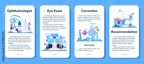 Ophthalmologist mobile application banner set. Idea of eye exam