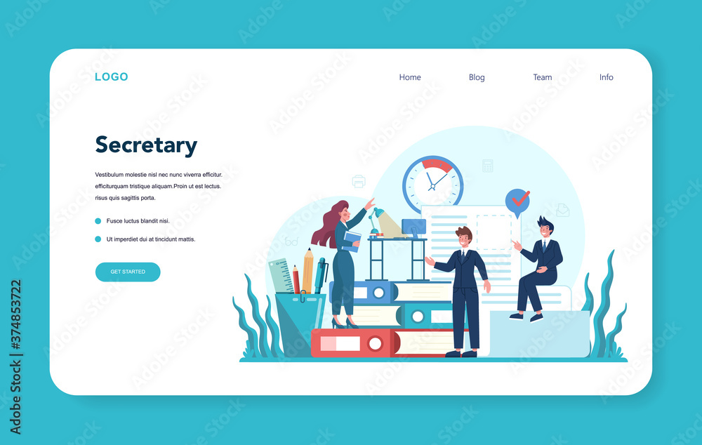 Secretary web banner or landing page. Receptionist answering Secretary web banner or landing page. Receptionist answering