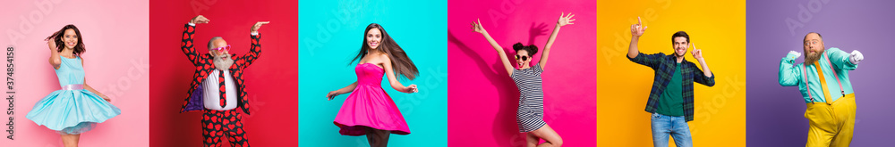 © deagreez - Collage photo six cool funny active modern people diversity fancy ladies hipster guys men good mood discotheque festive clubbers isolated many colors violet teal yellow pink red background