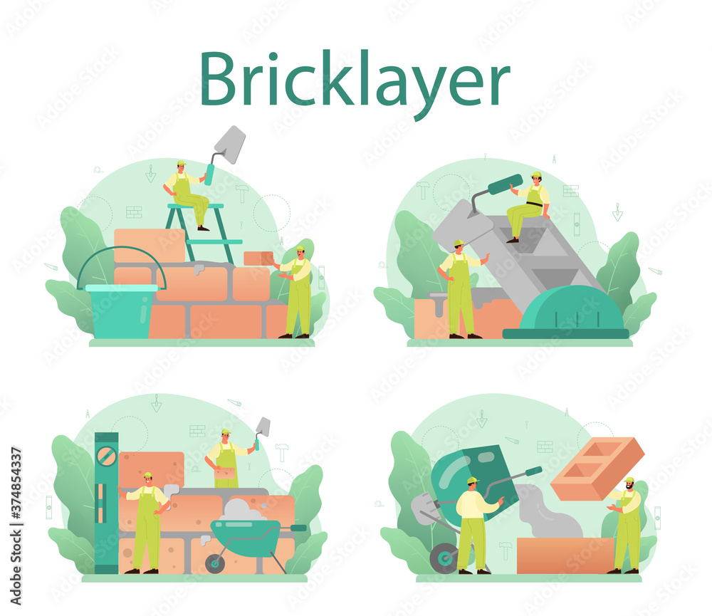 Bricklayer concept set. Professional builder constructing a brick wall