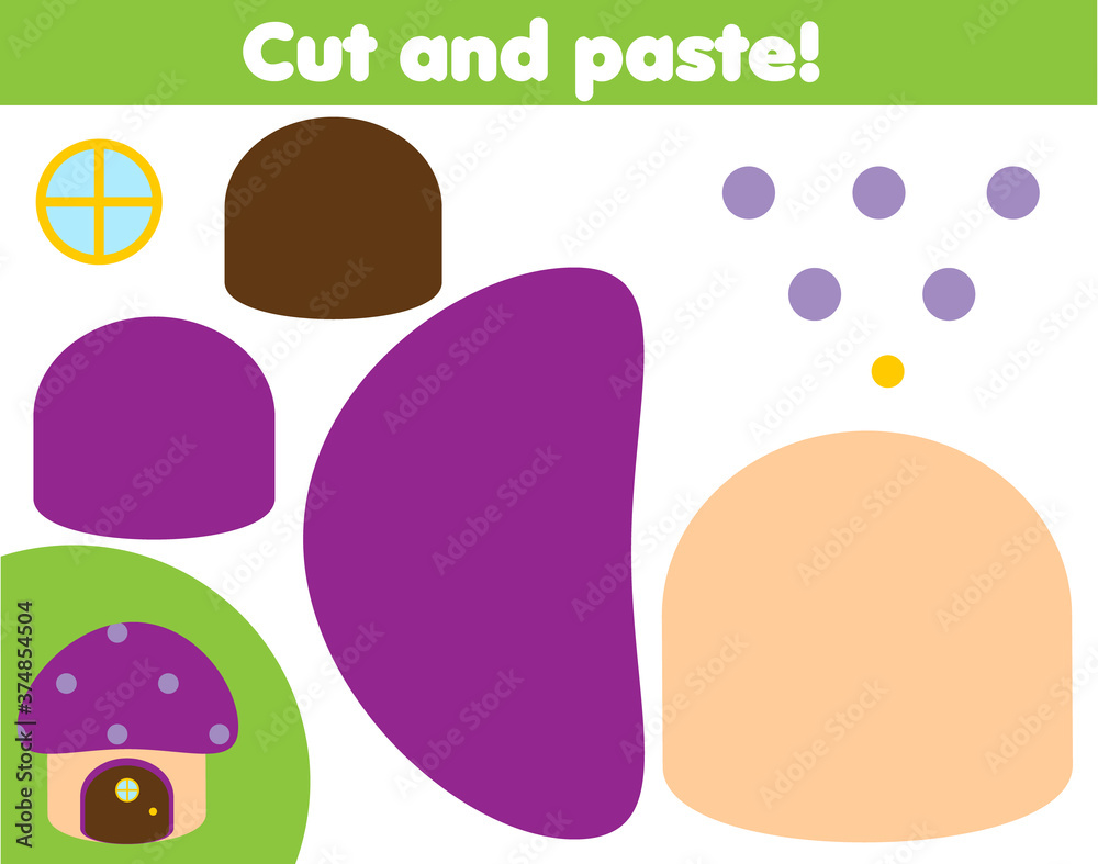creative children educational game. Paper cut activity. Make fairy mushroom with glue and scissors creative children educational game. Paper cut activity. Make fairy mushroom with glue and scissors