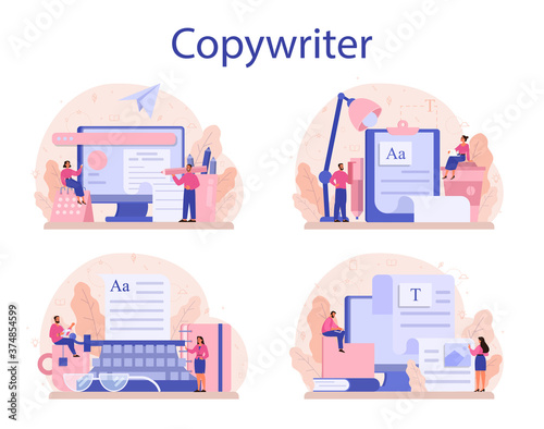 Copywriter concept set. Idea of writing texts, creativity and promotion