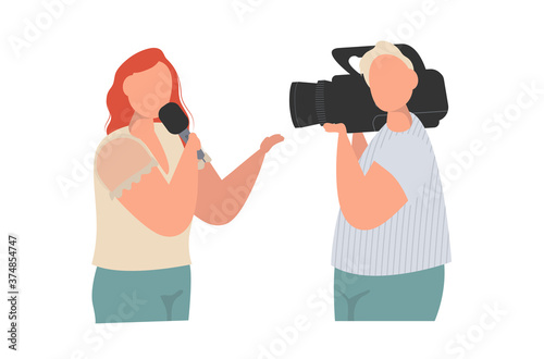 Journalist and cameraman doing report together. Girl reporter standing with microphone and filmmaker videotaping her reportage flat style concept vector illustration
