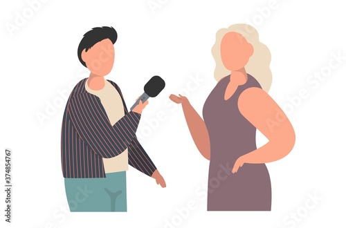 Journalist interviews woman. Reporter holding microphone and give questions. Anchorman on street, live reporting. Reporter broadcast breaking news. Vector illustration