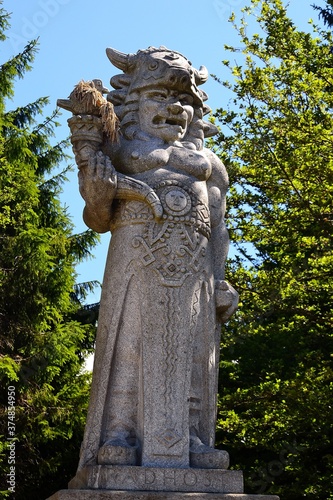 photograph of one of the depictions of the pagan god Radegast on a tourist route along the ridges of the Beskydy Mountains, Moravia, Czech Republic