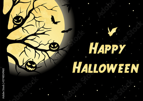 Full moon, flying bats and silhouette of branches with pumpkins on black background.