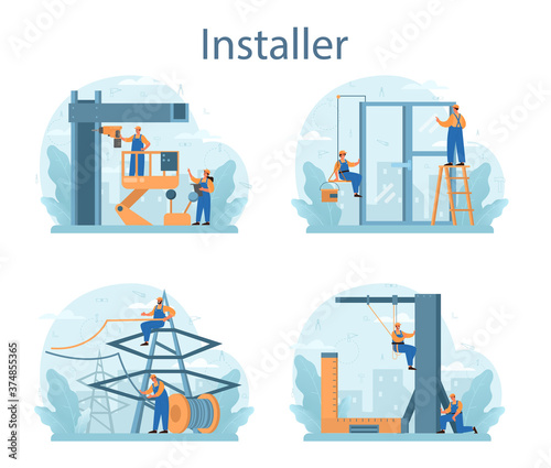 Installer concept set. Worker in uniform installing constructions. Professional