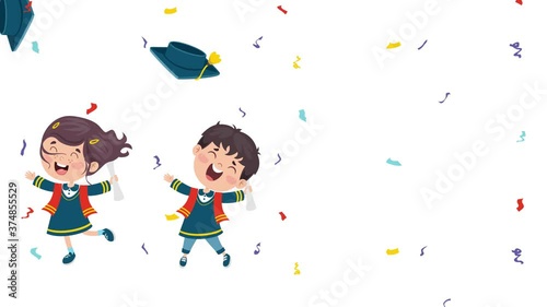 Cartoon Happy Kids In Graduation Costume