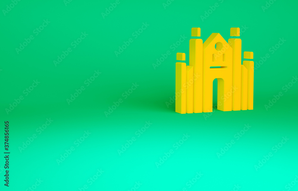 Orange Milan Cathedral or Duomo di Milano icon isolated on green background. Famous landmark of Milan, Italy. Minimalism concept. 3d illustration 3D render. Orange Milan Cathedral or Duomo di Milano icon isolated on green background. Famous landmark of Milan, Italy. Minimalism concept. 3d illustration 3D render.