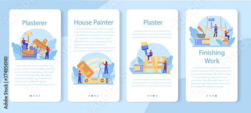 House wall plasterer mobile application banner set. People
