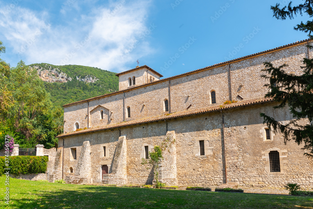 Sermoneta, Italy. June 28th, 2020. Valvisciolo Abbey. External side facade. The abbey is located at 116 m a.s.l. on a buttress overlooking a small valley, traditionally medieval, called 