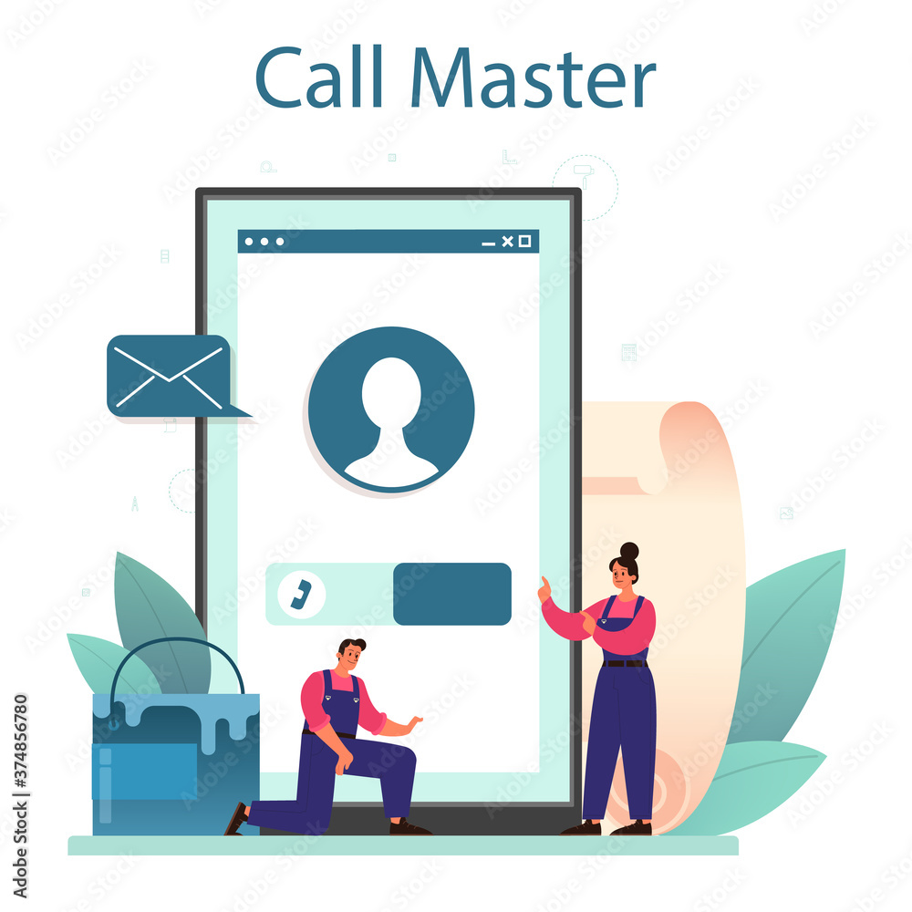 Wall papering online service or platform. Worker gluing wallpapers Wall papering online service or platform. Worker gluing wallpapers