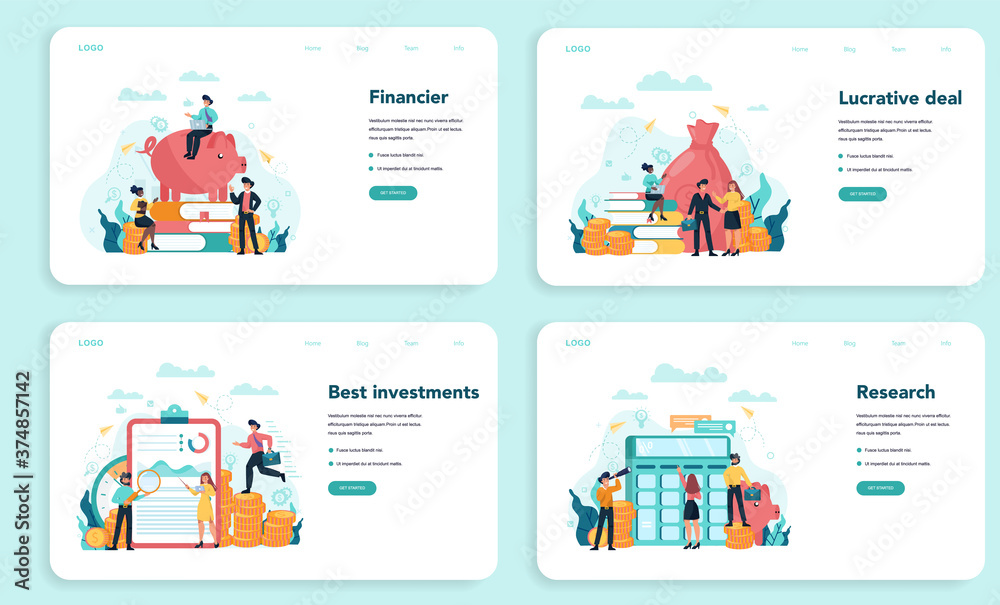 Financial advisor or financier web banner or landing page set.