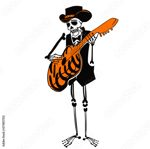 Day of the Dead. The skeleton in Mexican national costumes dance, play the guitar, violin, trumpet. Dia de los Muertos lettering. Vintage vector black engraving illustration isolated white background
