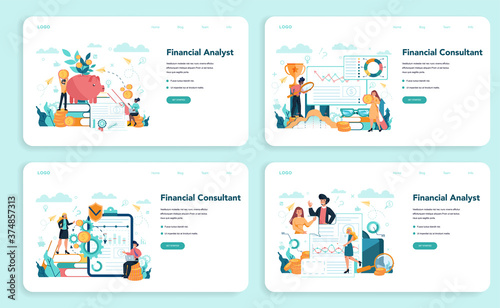 Financial analyst or consultant web banner or landing page set. Business