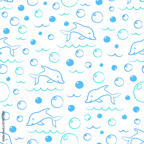 Sea seamless pattern with dolphins and water bubbles on white background