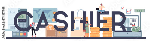 Cashier typographic header concept. Worker behind the cashier