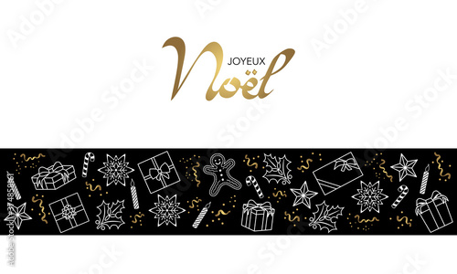 2021- carte de vœux fond blanc et bande noire avec un graphisme simple décorée d’objets de Fête de fin d’année or - traduction : joyeux Noël. 