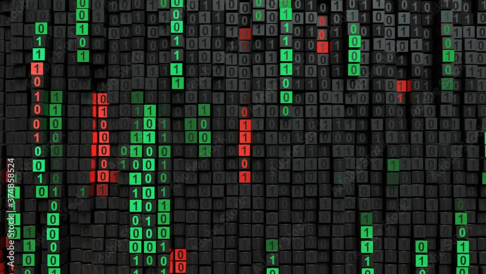 Digital binary computer code. Abstract information technology design. Seamless loop 3D render animation