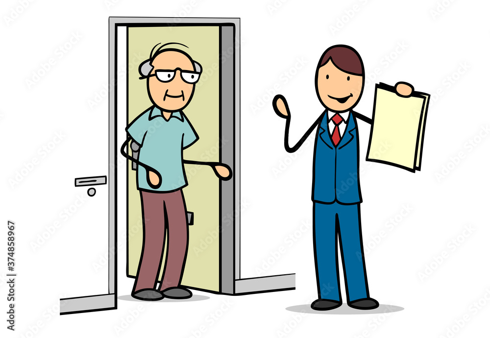 Obraz premium Vertreter im Direktvertrieb bei Haustürgeschäft mit Senior