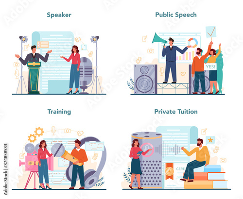 Rhetoric or elocution specialist set. Professional speaker or commentator