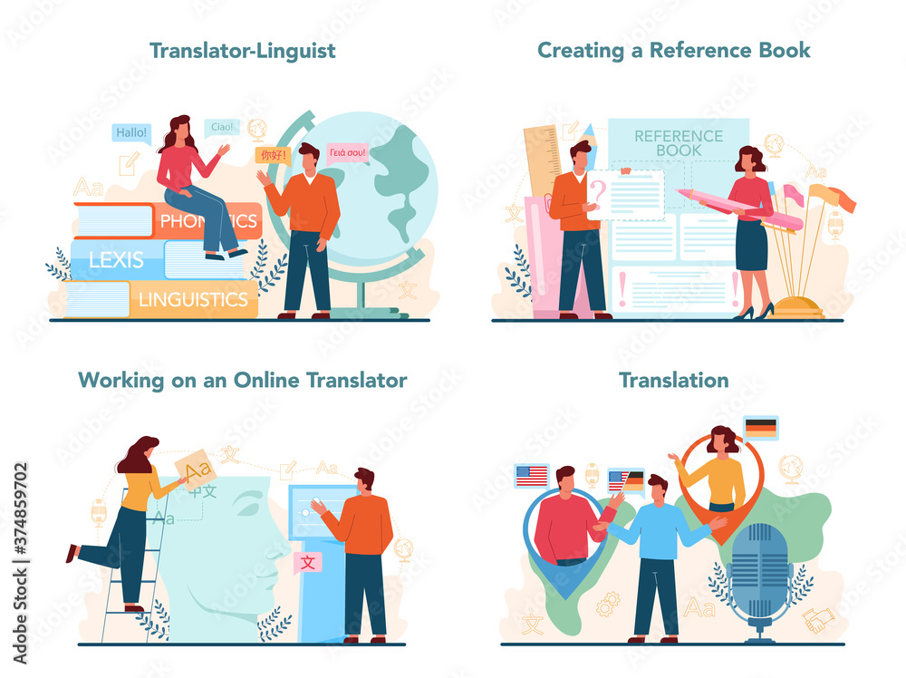 Translator and translation service concept set. Linguist translating Translator and translation service concept set. Linguist translating