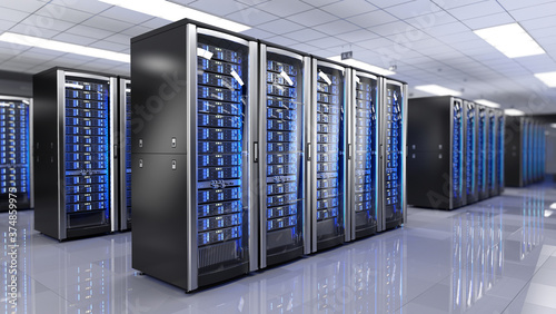 Server racks in server room data center - 3d rendering