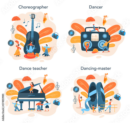 Dance teacher or choreographer in dance studio set. Dancing