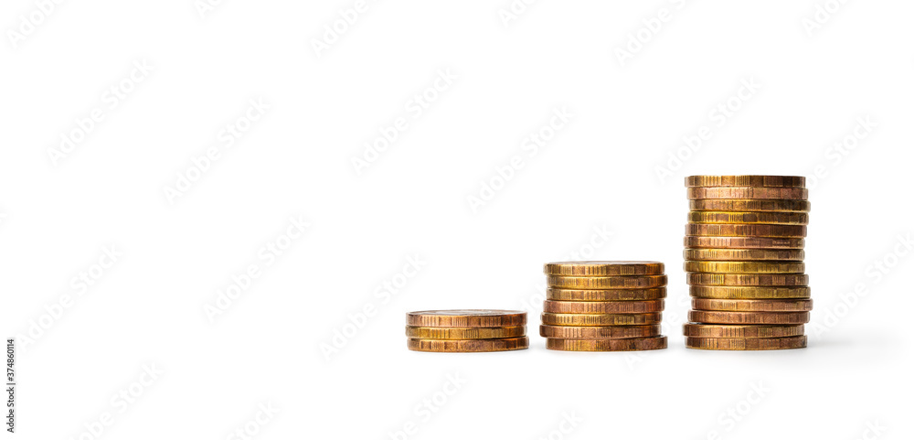 money, yellow metal coins stacked in columns on a white background, isolate money, yellow metal coins stacked in columns on a white background, isolate