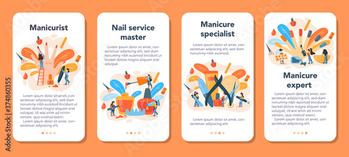 Manicurist service mobile application banner set. Beauty salon