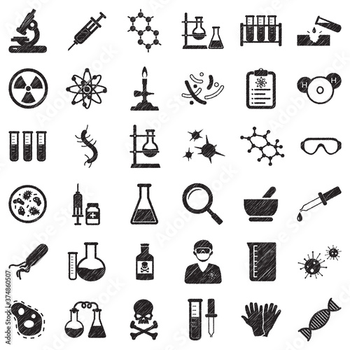 Chemistry Icons. Black Scribble Design. Vector Illustration.