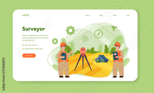 Geodesy science web banner or landing page. Land surveying