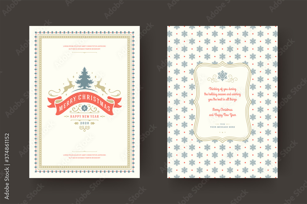 Christmas greeting card vintage typographic design ornate decoration symbols with winter holidays wish.