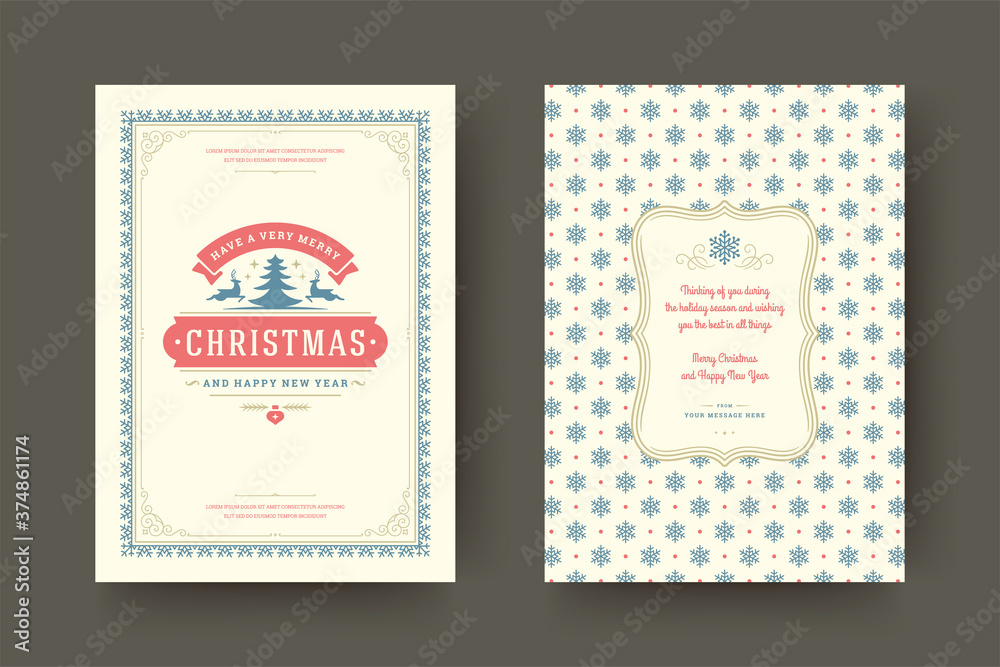 Christmas greeting card vintage typographic design ornate decoration symbols with winter holidays wish.
