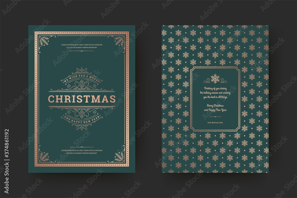 Christmas greeting card vintage typographic design ornate decoration symbols with winter holidays wish