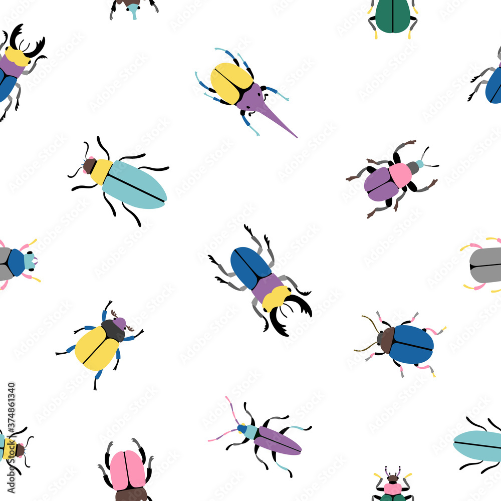 Colorful bugs seamless pattern. Cartoon cute insects of botanical icon set, vector illustration beetles of science of entomology isolated on white background